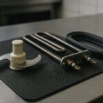 Lame de robot coupe, résistance de friteuse et joint posés sur un plan de travail