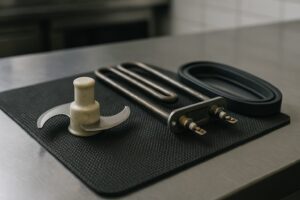 Lame de robot coupe, résistance de friteuse et joint posés sur un plan de travail