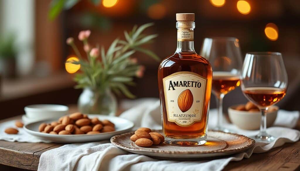 Bouteille de liqueur d'amaretto dans beau décor de table