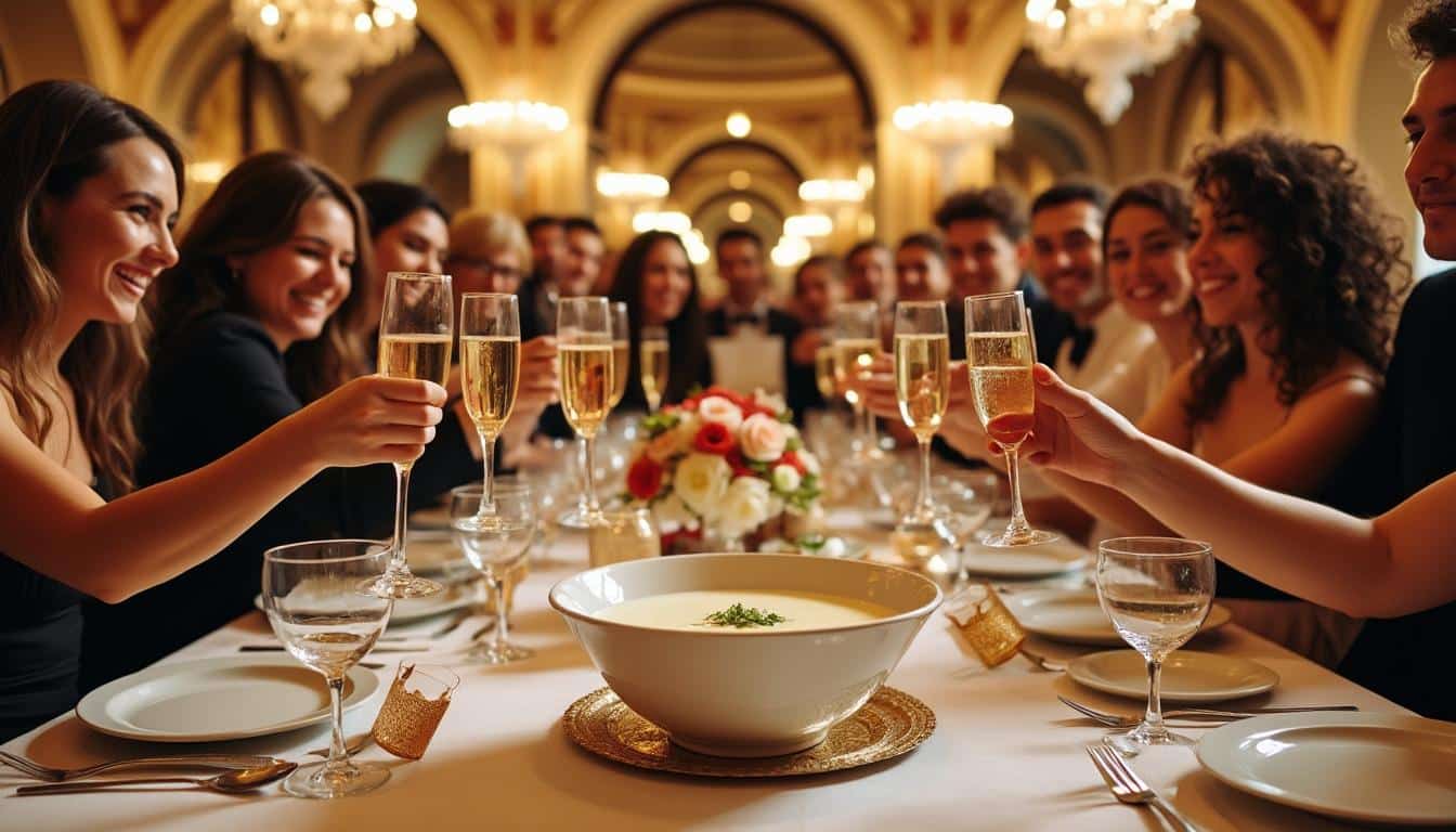 découvrez la recette de la soupe champenoise, un cocktail pétillant et rafraîchissant idéal pour régaler 20 convives lors de vos fêtes. facile à préparer, cette boisson festive à base de champagne sera la star de vos célébrations !